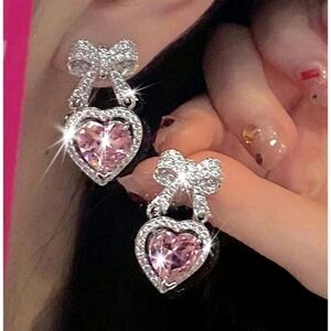 BRAND NEW ** Elegant Silver and Pink Heart Bow Earrings